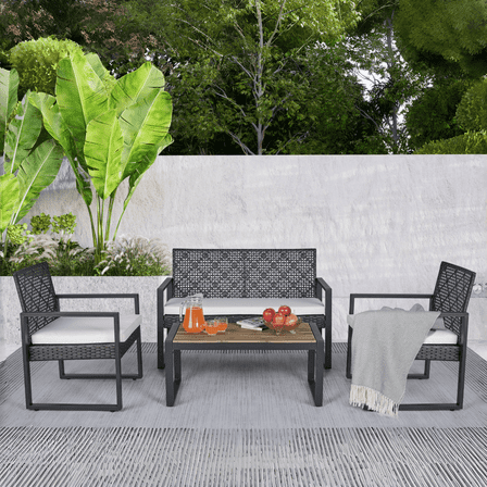 Tcbosik 4 Pieces Conversation Set, Wicker Rattan Chairs & Loveseat with Soft Cushions, Modern Coffee Table with Wood Top, Outdoor Furniture Set with Metal Frame for Garden, Patio, Backyard, Brown