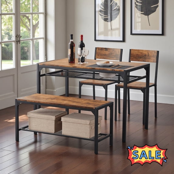 Tcbosik 4 Pieces Dining Table Set, 43.3" Kitchen Table with 2 Chairs, Bench with Storage Shelf, Breakfast Table Set with Metal Frame for Living Room, Space Saving, Rustic Brown