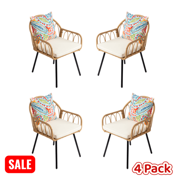 Tcbosik 4 Pieces Rattan Wicker Dining Chairs, Outdoor Armchair with Cushions and Pillows, Bistro Chair for Garden, Backyard, Porch, Poolside, Restaurant, Yellow & Beige