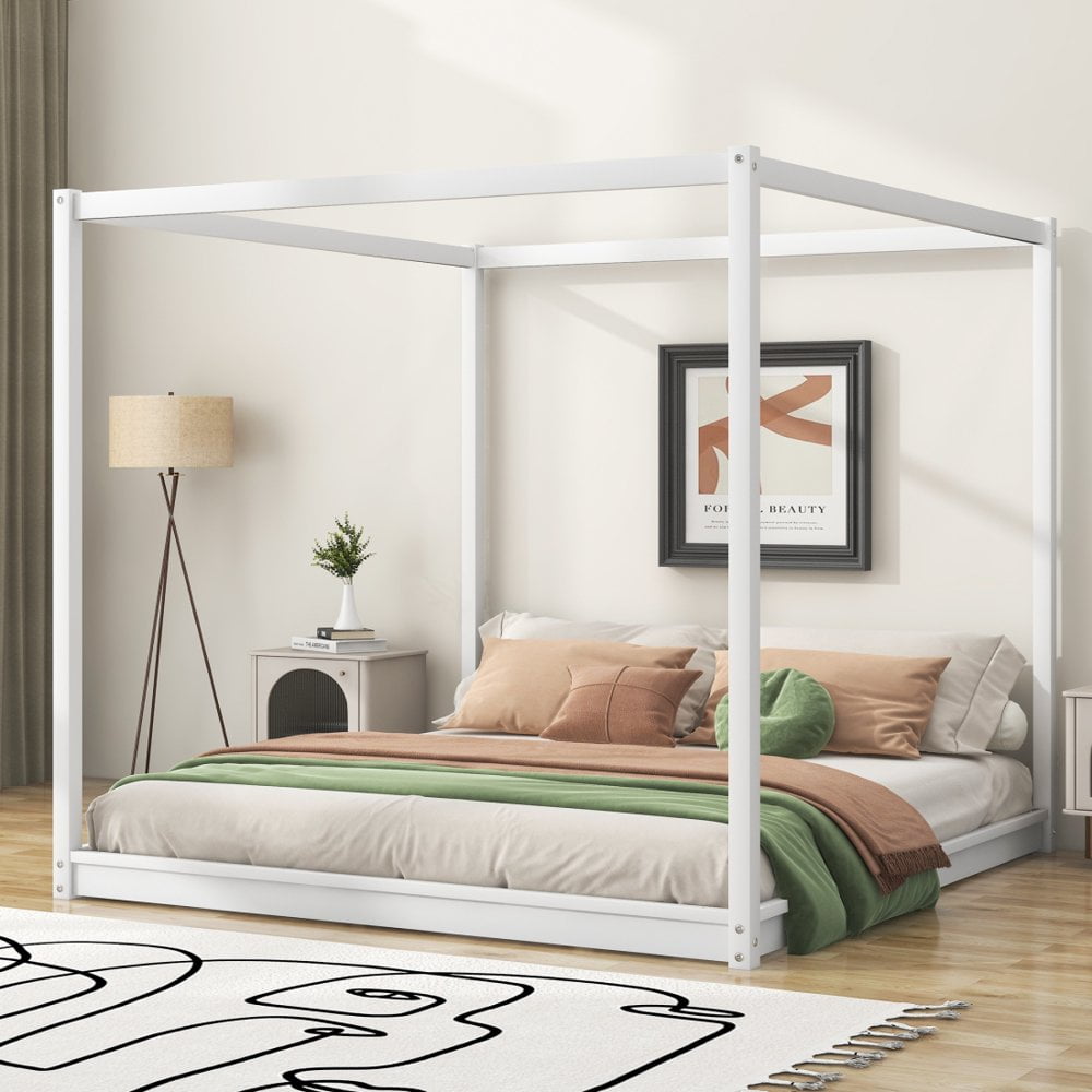 Tcbosik 4 Poster Canopy Floor Bed Frame King Size Wood Low
