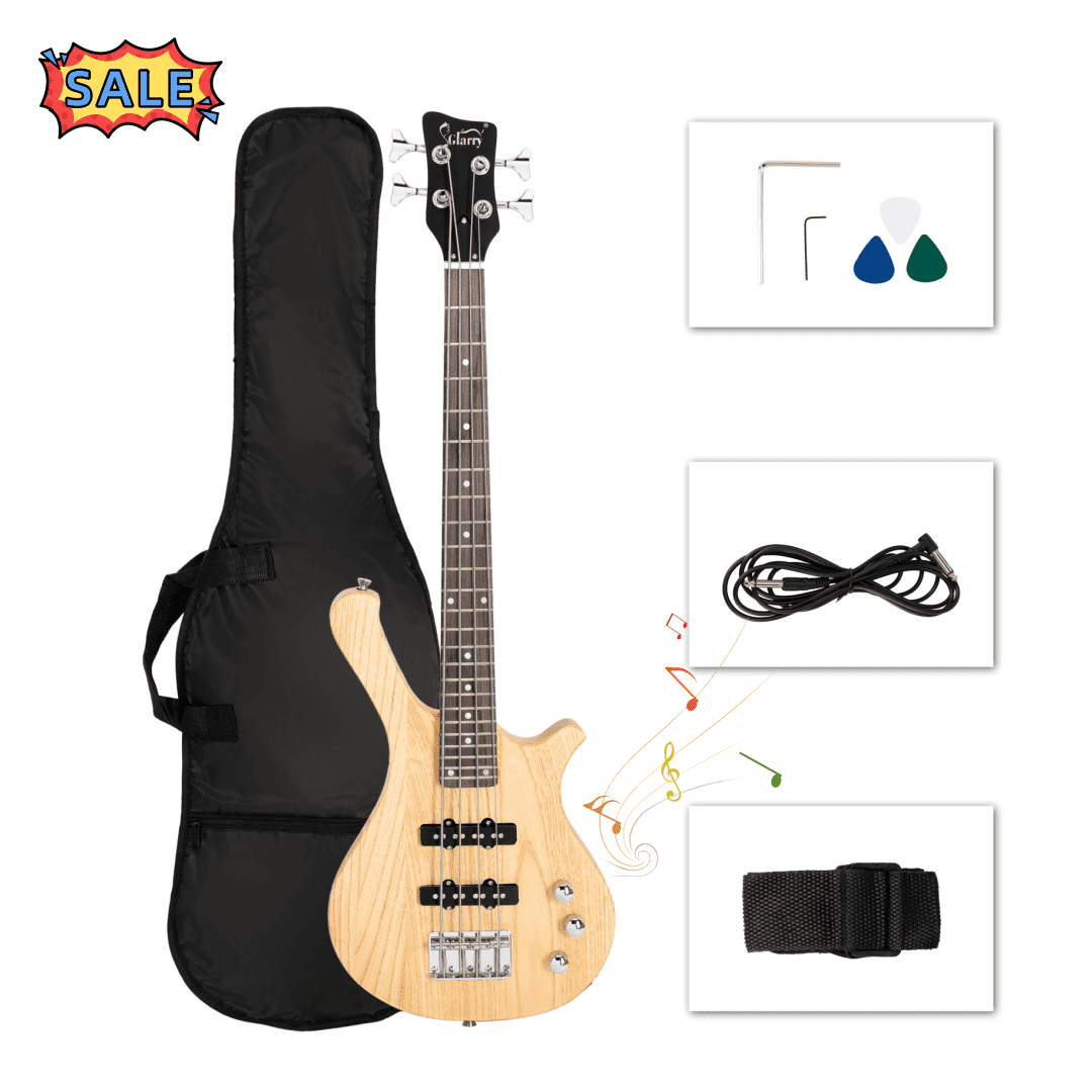 Tcbosik 4 String Electric Bass, 36-inch Electric Bass Guitar with SS Pickup, Bag, Strap, Cable, Plectrum and Wrench Tool for Beginner, Natural