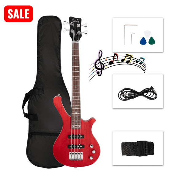 Tcbosik 4 String Electric Bass Guitar, 36 inch Small Full Size Bass with Bag, Cable, Strap, Plectrum and Wrench Tool for Beginner, Red