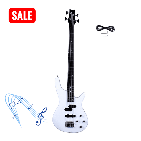 Tcbosik 4 String Electric Bass Guitar, Exquisite Stylish Bass with Power Line and Wrench Tool, White
