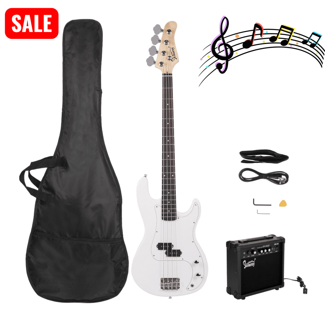 Tcbosik 4 String Electric Bass Guitar, Right Handed Beginner Kit with 20W AMP, Bag, Strap, Amp Wire and Spanner Tool for Youth & Adult, White