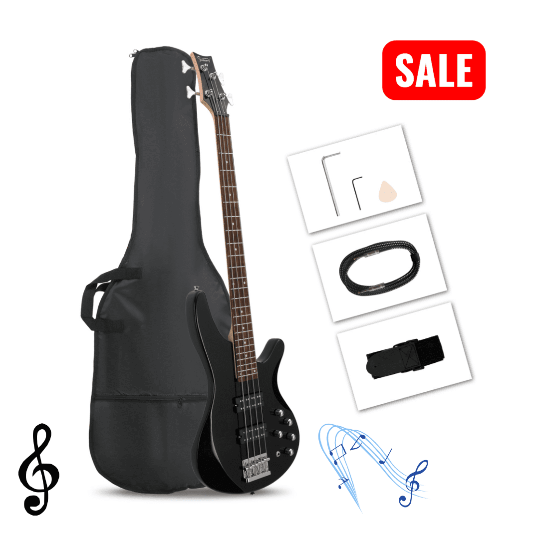 Tcbosik 4 String Electric Bass with H-H Pickup and Laurel Wood Fingerboard, 44 Inch Bass with Bag and Strap, Connecting Wire, Spanner Tool and Plectrum for Beginner, Black