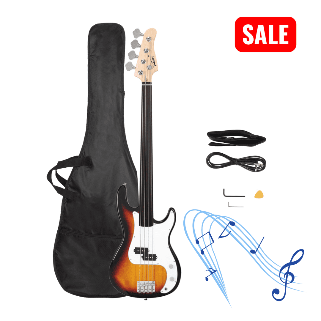 Tcbosik 4 String Fretless Electric Bass with Bag, Full Size Guitar with Strap, Plectrum and Spanner Tool for Beginner Advanced, Sunset Color