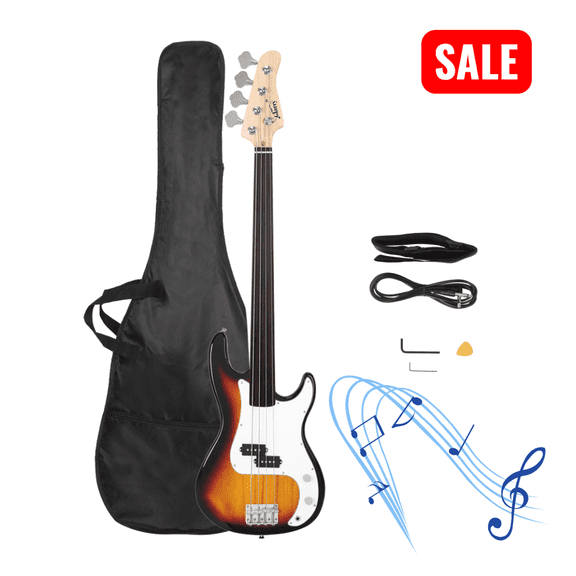 Tcbosik 4 String Fretless Electric Bass with Bag, Full Size Guitar with Strap, Plectrum and Spanner Tool for Beginner Advanced, Sunset Color