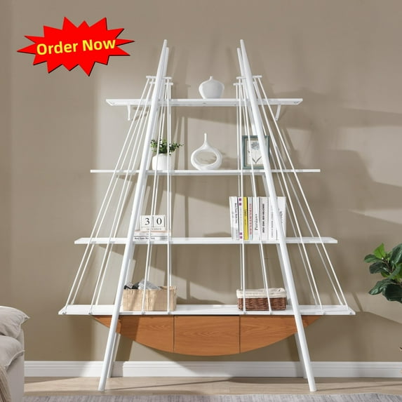 Tcbosik 4-Tier Bookshelf, Sailboat-Shaped Bookcase with Drawer, Display Storage Rack with Metal Frame for Home Office, Living Room, Bedroom, White