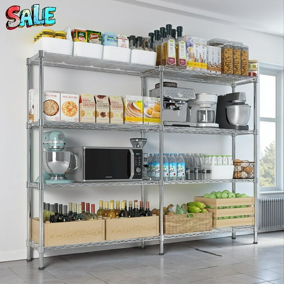 Tcbosik 4-Tier Chrome Metal Shelving Unit, 58"W Adjustable Kitchen Pantry Storage Rack, 1200lbs Weight Capacity