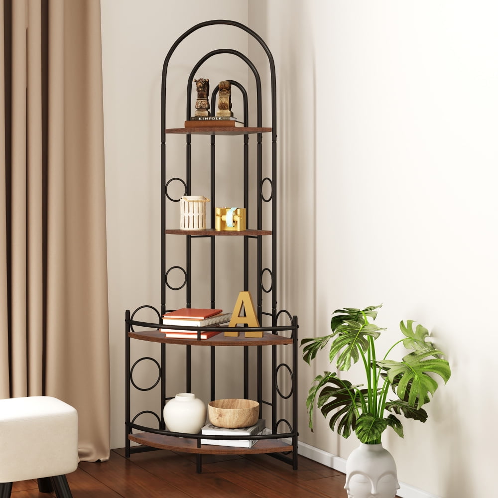 Antique Brown 4-Tier Metal and Wood Corner Bookshelf