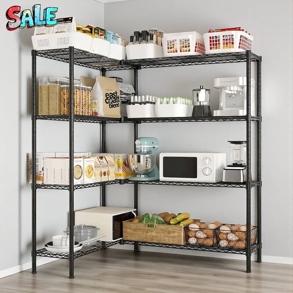 Tcbosik 4-Tier Metal Shelving Unit, Black Heavy Duty Adjustable Garage Corner Wire Rack, H-Shaped/L-Shaped Organizer for Kitchens, Pantry Rooms, Basement Storage, 49.21"W x 13.78"D x 70.87"H