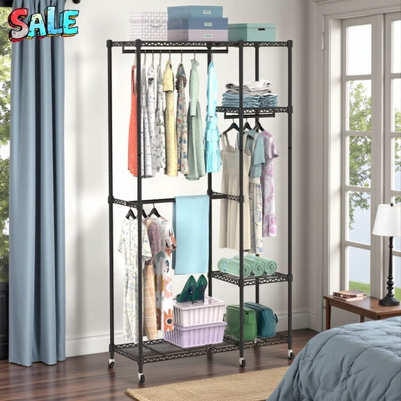 Tcbosik 4-Tier Rolling Garment Rack with 3 Hanging Rods, Open Wire Shelves, and Lockable Wheels Heavy Duty Closet Organizer for Clothes, Shoes, and Accessories, 44.9"L x 17.13"W x 77.95"H, Black