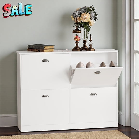 Tcbosik 40.3" Wide Shoe Cabinet with 4 Flip-Drawers, 2-Tier Adjustable Storage Organizer, for Boots & Heels, with Anti-Tipping Device, White