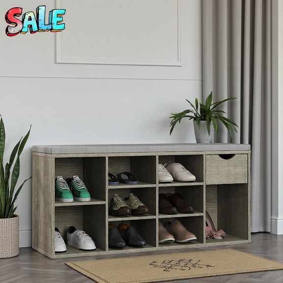 Tcbosik 40.9-Inch Shoe Bench with 9 Cubbies & 1 Drawer, Vintage Open Compartment Storage Organizer with Padded Seat Cushion for Entryway & Porch, Gray
