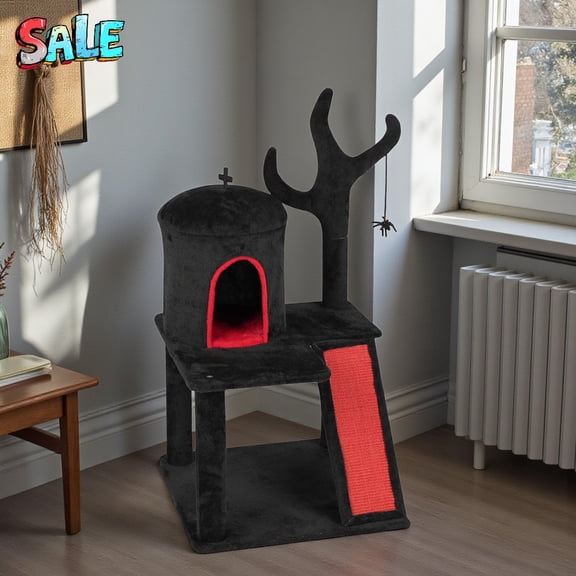 Tcbosik 40.95in Gothic Cat Tree, Multi-Level Cat Tower with Dome Condo & Branch Scratching Post & Ramp, and Spider-Shaped Hanging Toy, Black and Red