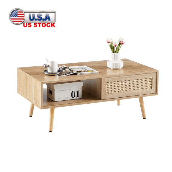 Tcbosik 41.3"W Rattan Coffee Table with Storage, Cocktail Table with Sliding Door and Wood Legs for Living Room, Natural