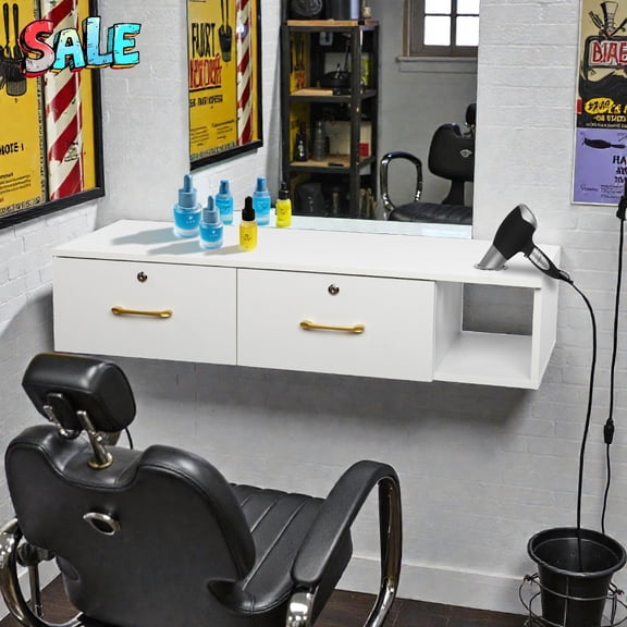 Tcbosik 41.34" Wall Mount Barber Station with 2 Lockable Drawers & 3 Tool Holders, White Modern Organizer Cabinet for Salon or Bathroom