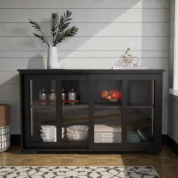 Tcbosik 41.9-Inch Buffet Sideboard Cabinet with 2 Sliding Doors, Adjustable Interior Shelf and Non-Slip Base, Low Profile Kitchen Cupboard for Coffee Bar, Living Room (Black)