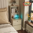 thumbnail image 1 of Tcbosik 41" Tall Nightstand with Charging Station and USB Night Light, Modern Side Table with Open Shelves and 2 Lockable Storage Drawers for Bedroom, Living Room, Wood Color, 1 of 9