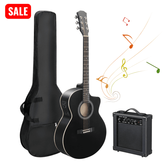 Tcbosik 41in Beginner Acoustic Electric Guitar Starter Set with 15W Amp, Gig Bag, Strap, Tuner, Capo, Picks, Wrench Tool and Connecting Line for Adults, Black