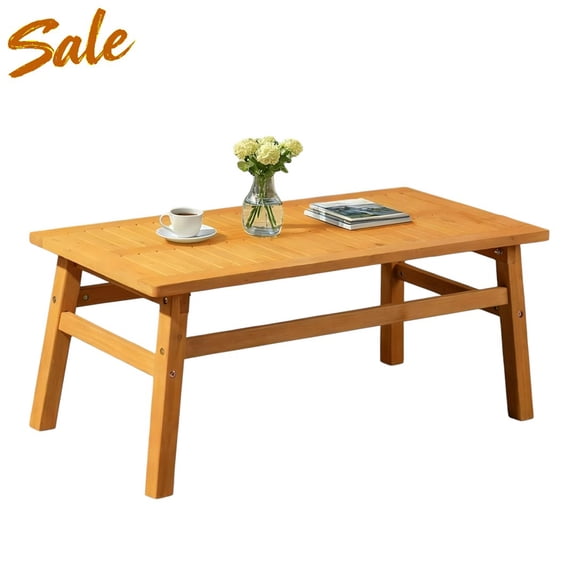 Tcbosik 42.12" All-Weather Outdoor Coffee Table, Rectangle Patio Table, Solid Cedar Wood Low Coffee Table with Slatted Tabletop for Garden, Balcony, Backyard, Teak Color