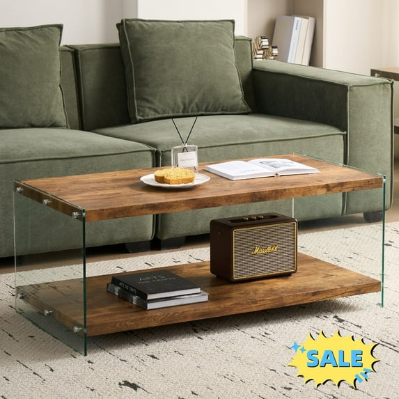 Tcbosik 43.3" Coffee Table, Cocktail Table with Glass Legs, 2-Tier Modern Center Table with Storage Shelf for Living Room, Easy Assembly, Walnut