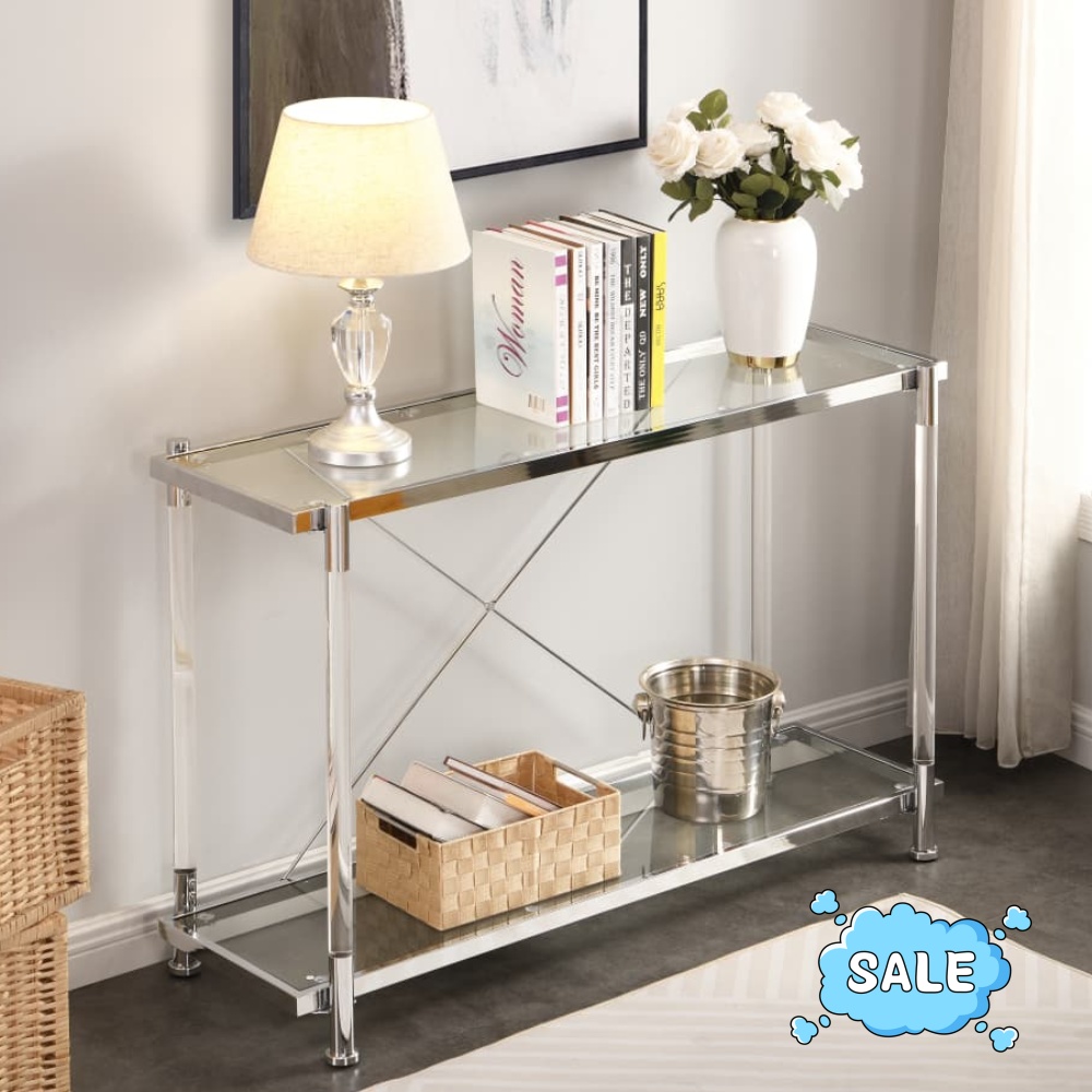 Tcbosik 43.3" Console Table with Open Shelf, Modern Sofa Table with Glass Top and Acrylic Legs, Entryway Table for Living Room, Hallway, Foyer, Chrome