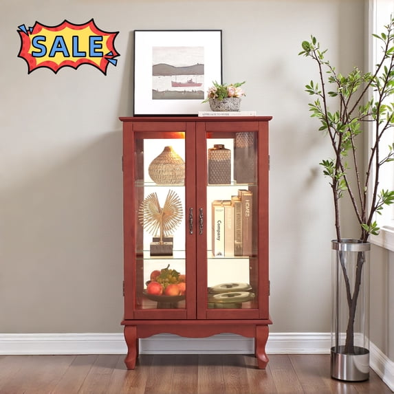 Tcbosik 43.3"H Glass Display Cabinet with Light, Curio Cabinet with Adjustable Shelves and 2 Doors, Bookcase for Living Room Bedroom, Cherry