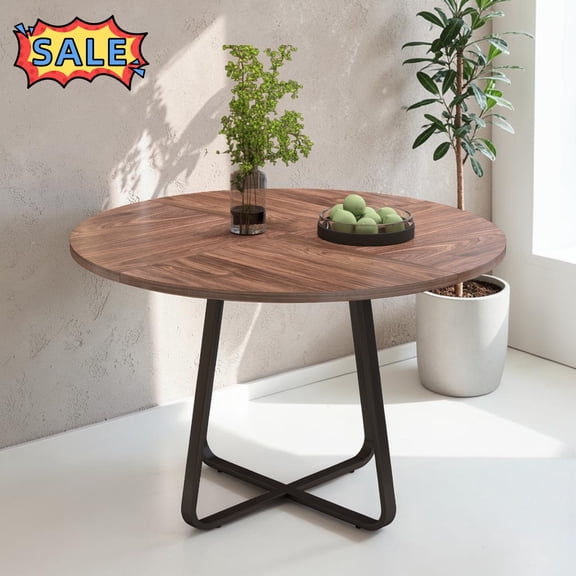 Tcbosik 43.3 Inch Round Dining Table, Modern Kitchen Table with X-Shaped Metal Base for 4-6 Person, Walnut
