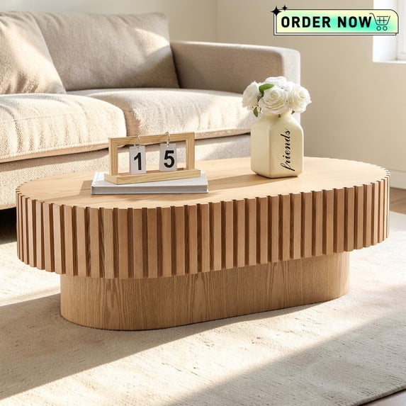 Tcbosik 43.7" Oval Coffee Table, Rustic Center Table with Pedestal for Living Room, Easy Assembly, Natural Ash