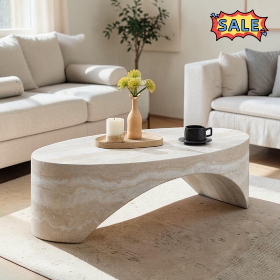 Tcbosik 43" Oval Coffee Table, Faux Marble Cocktail Table, Fiberglass Center Table for Living Room, White