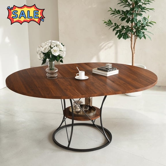 Tcbosik 43in-59in Extendable Dining Room Table with Storage Shelf for 4-6, Round Expandable Kitchen Table for Living Room, Space Saving, Walnut & Black