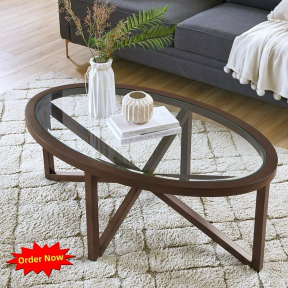 Tcbosik 46" Coffee Table with Glass Top, Oval Center Table with Wood Legs for Living Room, Cherry