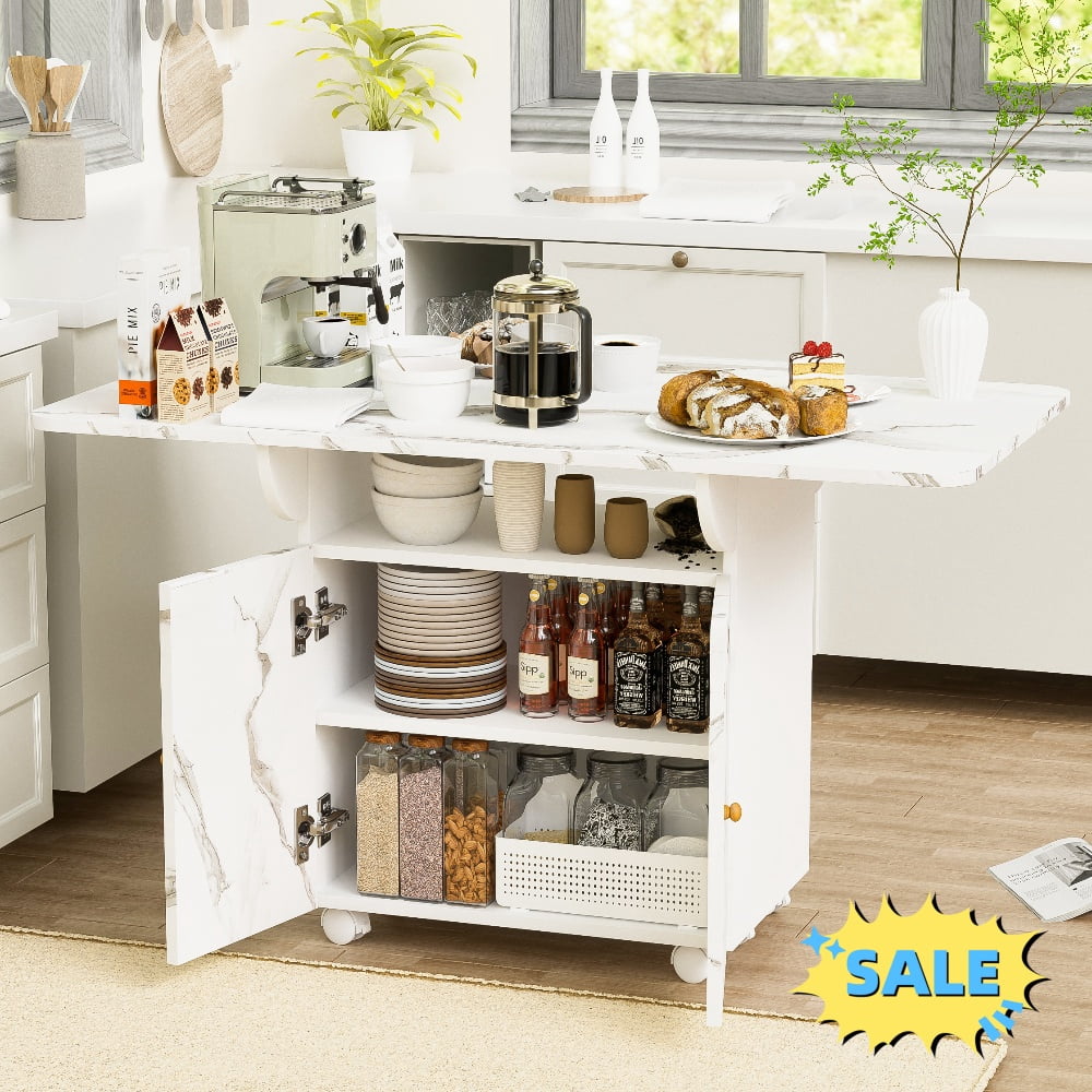 Tcbosik 47.2" Dining Table with Wheels and Folding Top, Multi-Function Island Table with Shelves and Doors, Modern Kitchen Table with Faux Marble Top for Small Space, White