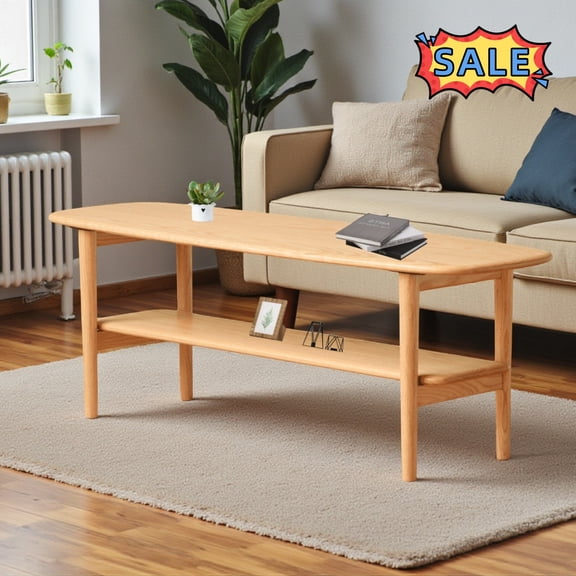 Tcbosik 47.2 Inch Rectangle Coffee Table, 2-Tier Center Table with Storage Shelf for Living Room, Oak