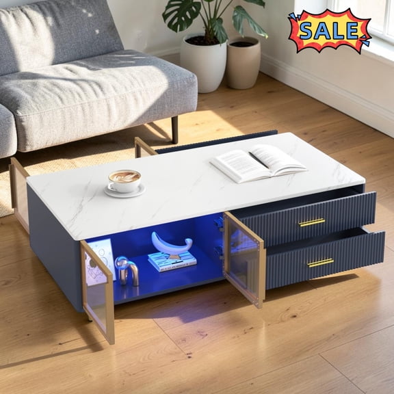Tcbosik 47.2" Modern Coffee Table with LED Lights, Cocktail Table with Glass Doors and 4 Storage Drawers, Center Table with Metal Legs for Living Room, Navy Blue