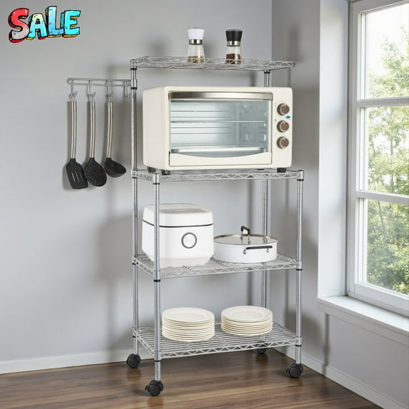 Tcbosik 47.24"H Rolling Microwave Oven Stand, 4-Tier Metal Kitchen Storage Rack with Swivel Side Hooks, Carbon Steel Utility Cart, Silver