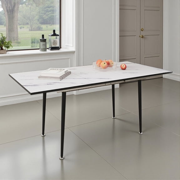 Tcbosik 47"-63" Extendable Rectangular Dining Table for 4-6 People, Space Saving Dining Room Table, Modern Dinner Table w/ White Marbling MDF Tabletop & Black Metal Legs for Kitchen Living Room