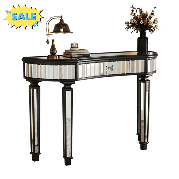 Tcbosik 47" Console Table with Storage Drawer, Half Moon Accent Table, Mirrored Behind Couch Table for Entryway, Hallway, Living Room, Easy Assembly, Antique Black