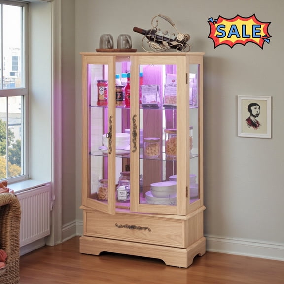 Tcbosik 47"H Display Cabinet with LED Lights, Modern Curio Cabinet with Glass Doors and Storage Drawer, Accent Cabinet with Adjustable Shelves for Living Room, Light Oak