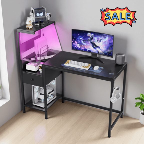 Tcbosik 48" Computer Desk with Charging Station, Writing Table with LED Lights, Gaming Workstation with Drawer, Shelf and Hook, PC Laptop Table for Home Office, Black