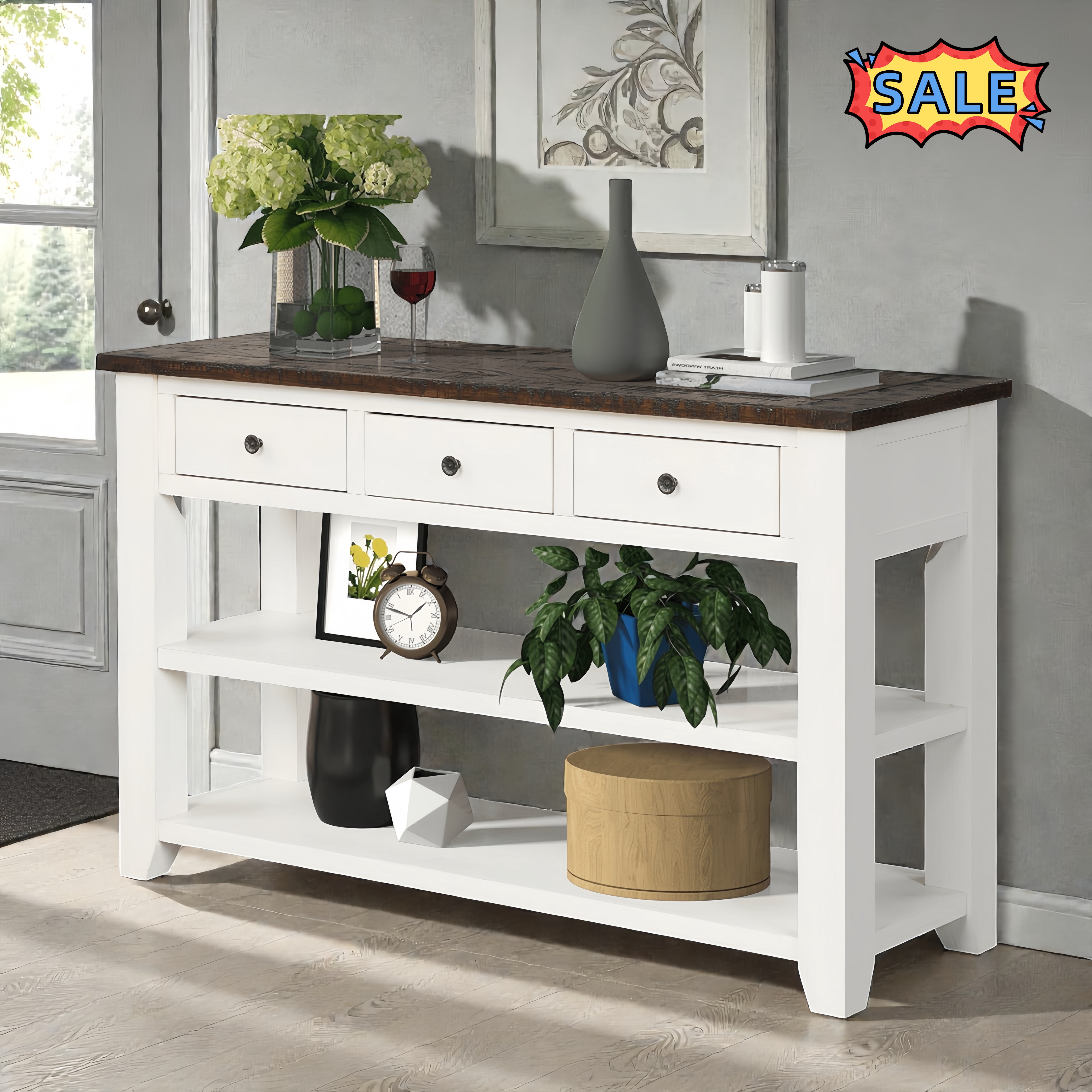 Tcbosik 48" Console Table, Entryway Table with Shelves and 3 Drawers, Sofa Table for Hallway, Foyer, Living Room, Easy Assembly, Antique White