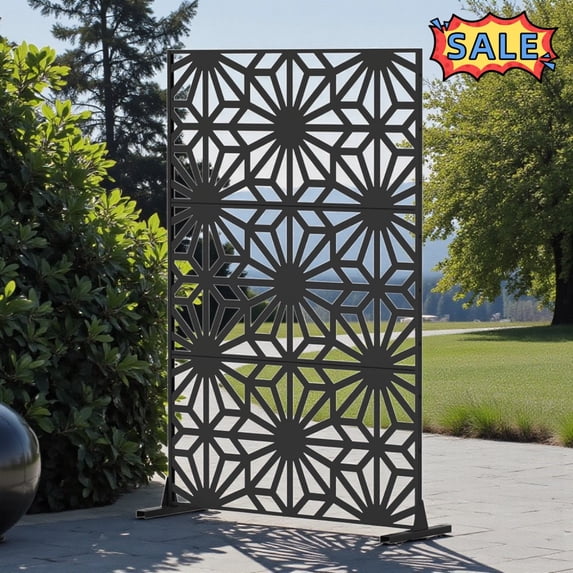 Tcbosik 48"W x 70"H Privacy Fence Screen for Indoor & Outdoor, Decorative Privacy Fence with Sun Flower Pattern, Freestanding Privacy Panel for Balcony, Backyard, Poolside, Black