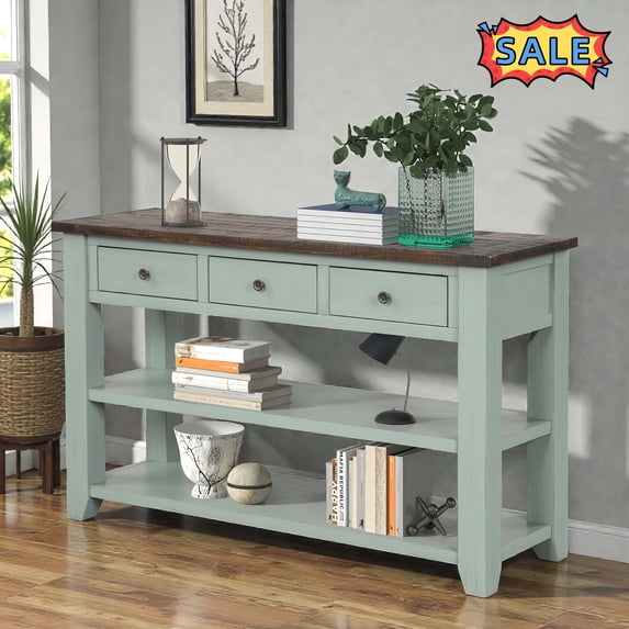 Tcbosik 48 inch Console Table, Entryway Table with Open Shelves and 3 Storage Drawers, Behind Couch Table for Foyer, Hallway, Living Room, Retro Blue