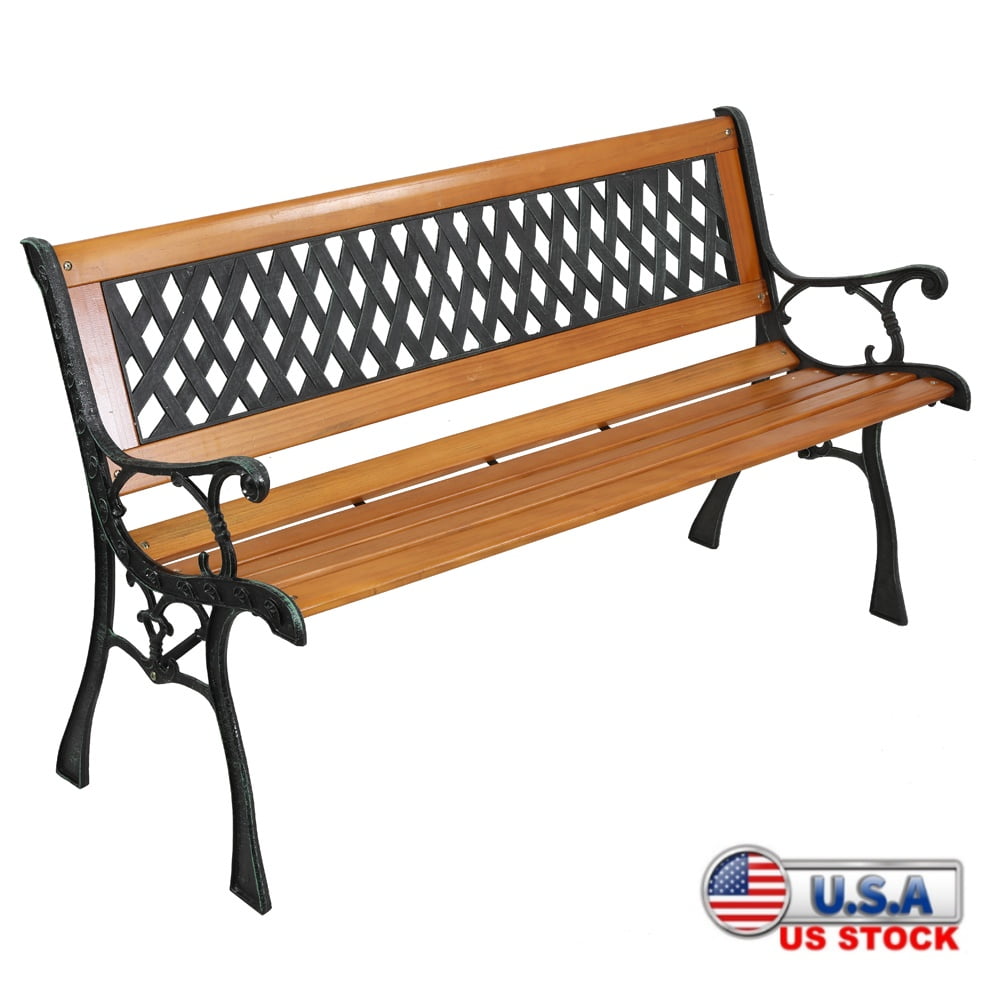49.5" Bronze and Natural Metal Wood Outdoor Bench with Weave Backrest