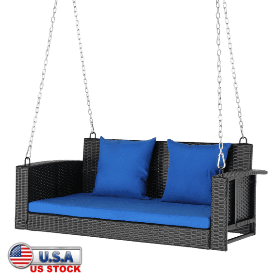 Tcbosik Rattan Swing Chair with Cushion, Hanging Bench with Chain, Outdoor Lounge Chair for Garden, Balcony, Living Room, 660 lbs Capacity, Black
