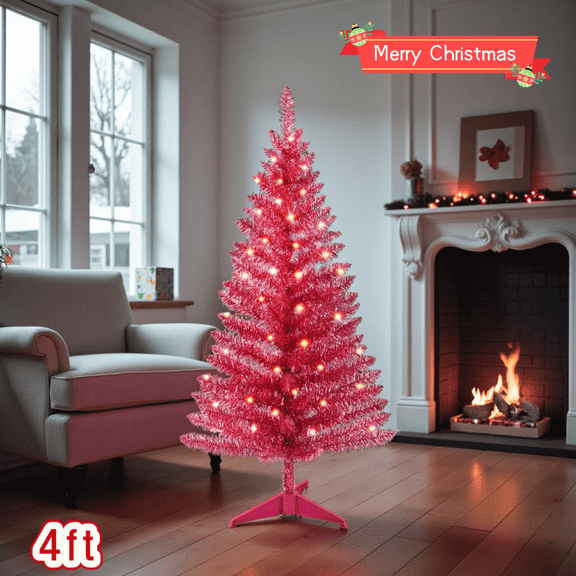 Tcbosik 4ft Lighted Artificial Christmas Tree with 50 UL Lights, Pre-lit Xmas Tree with 122 Branch Tips for Home Office Party Decor, Easy Assembly, Red