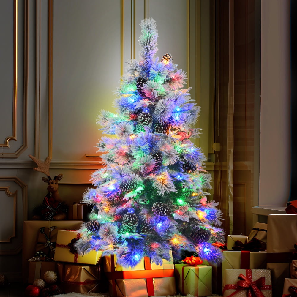 4ft Snow Flocked Pine and Plastic Christmas Tree with Multicolor LED Lights