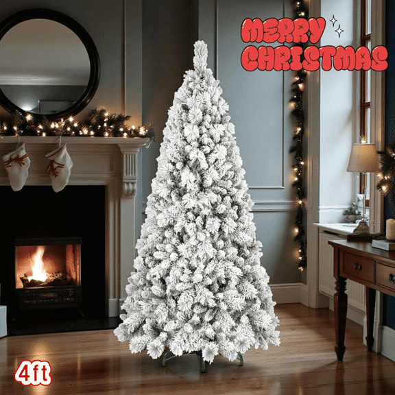 Tcbosik 4ft Unlit Snow Flocked Hinged Artificial Christmas with 350 Branch Tips, Xmas Tree with Metal Stand, Indoor Holiday Decoration, Green & White