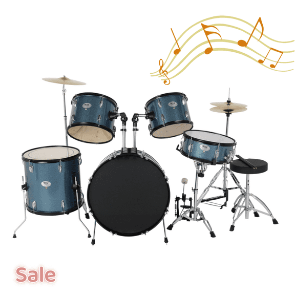 Tcbosik 5-Piece Drum Set with 22" Bass Drum, 16" Floor Drum, 14" Snare Drum, 13" & 12" Tom Drum, 16" Ride Cymbal and 14" Hi-Hat Cymbals, Beginner Set with Stool, Sticks and Pedal, Blue